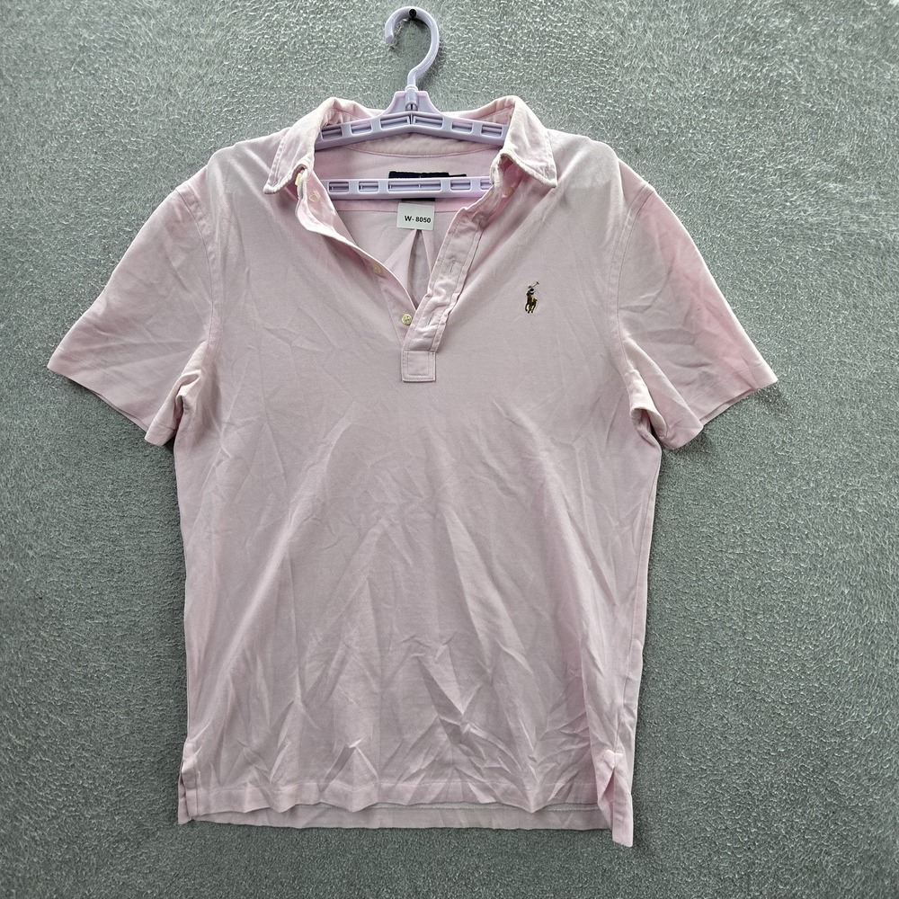 Ralph Lauren Women Polo M Pink Embroidered Knit Oxford Button Logo Short Sleeve